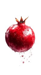 Watercolor Pomegranate with Droplets, Red Fruit, Transparent Background, Detailed Art