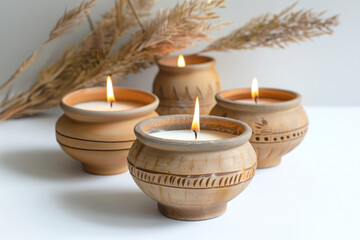 Handcrafted clay candles with warm flames in rustic terracotta holders surrounded by dried botanicals create a cozy and natural atmosphere perfect for fall holidays and boho decor.
