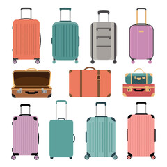 Collection of colorful modern and vintage luggage and suitcases for travel