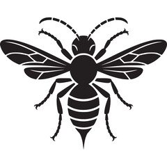 A stylized black silhouette of a bee with detailed wings and striped abdomen on a light background on transparent background