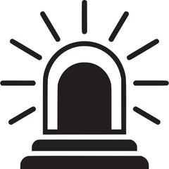 A black and white graphic illustration of an emergency light with radiating lines above the light on transparent background