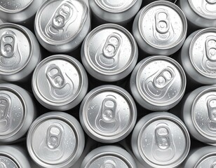 Aluminum cans of soda background. Top view of metallic soda cans, cold carbonated drinks, shiny silver surface, beverage industry concept, recyclable packaging, refreshing canned products


