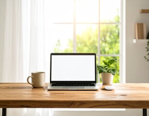 Laptop with a blank screen on a wooden desk, next to a coffee mug and a potted plant, with a bright window in the background.