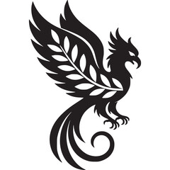 A bold black phoenix illustration with olive branch on wing against a light gray background design art on transparent background