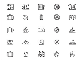 Collection of Travel and Adventure Icons in Outline Style on a White Background