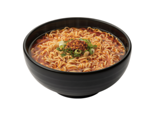 Spicy instant noodle bowl with green onions and chili flakes isolated on transparent background