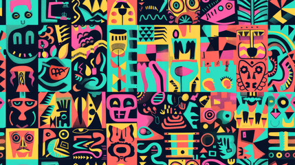 Colorful Abstract Geometric Pop Art Collage with Vibrant Patterns, Shapes, and Retro Modern Design in Bright Neon Mosaic Style