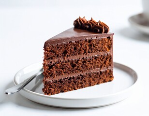 A rich, dark chocolate cake slice, elegantly presented on a white plate.