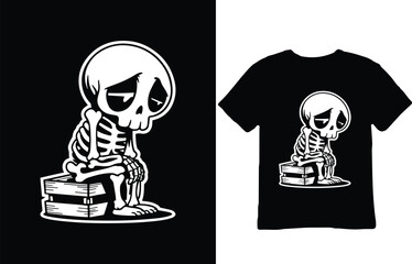 Sad Skeleton Sitting on Books T-Shirt Illustration