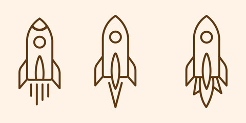 Set of rocket vector icons. Launch spaceship or spacecraft. Rocket fast flying for space. New business start up.