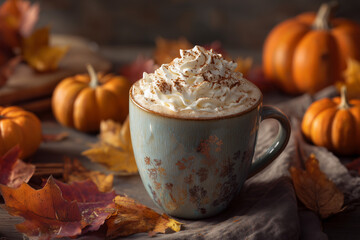 A cup of creamy latte topped with whipped cream and cinnamon, surrounded by pumpkins and autumn leaves on a cozy fabric