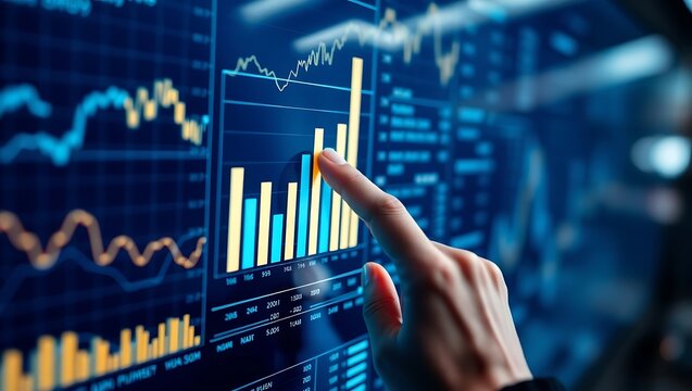Close up of a finger touching a glowing digital stock market graph on a dark screen - Powered by Adobe