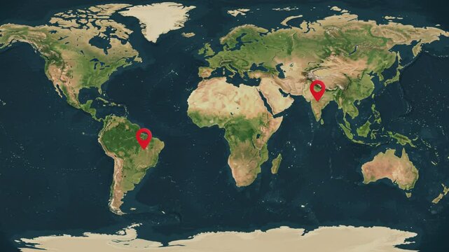Animated world map with a dotted line showing a route between two location pins, earth tones, symbolizing global connection, travel and logistics