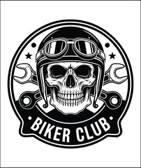 Fototapeta premium Biker Club Emblem with Skull Helmet Goggles and Wrenches in Black and White