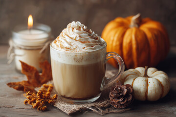 Pumpkin spice latte with whipped cream in a glass mug surrounded by autumn decorations and candlelight