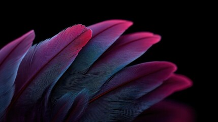 Close-up of a group of pink and blue feathers. the feathers are arranged in a fan-like pattern, with the tips of the feathers overlapping each other.