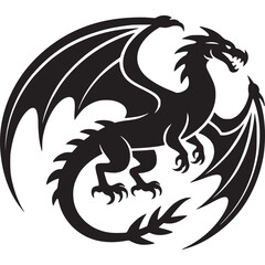 A silhouette of a dragon with wings outstretched in a circular formation against a light gray background on transparent background