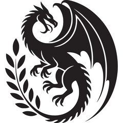 A black dragon with wings and claws encircled by a laurel branch on a white background graphic on transparent background