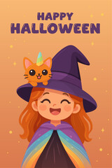 Cute Halloween greeting with smiling witch girl and unicorn cat on her hat