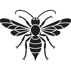 A black and white graphic illustration of a bee with detailed wings and striped abdomen design on transparent background
