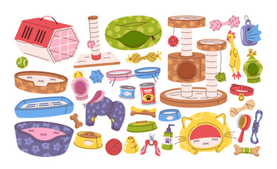 Animal pet accessories doodle hand drawn set with toys, hygiene supplies, clothes, place to sleep