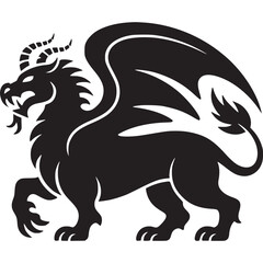 A black silhouette of a winged dragon with horns and a tail on a white background illustration on transparent background