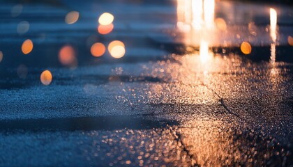 glimmering wet pavement after rain with reflections and bokeh lights