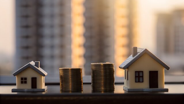 Miniature House Models with Coin Stacks Reflecting Real Estate and Financial Investment in a Cityscape Setting