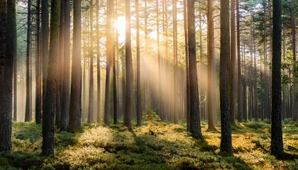 Fototapeta premium sunlit forest with tall pine trees and radiant light beams generative ai