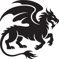 A black silhouette of a winged lion with a tail and horns on a white background in a flat design on transparent background