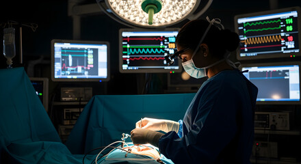Silhouetted Surgeon Finishing Operation in Dramatic Operating Room
