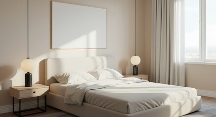 A serene bedroom interior with a bed, lamps, a blank framed picture, and a window with curtains.
