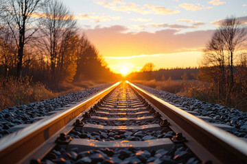 Fototapeta premium Railroad tracks leading into sunset with golden evening light