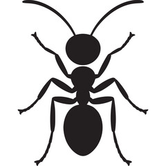 A simple black silhouette of an ant with long antennae and six legs on a white background on transparent background