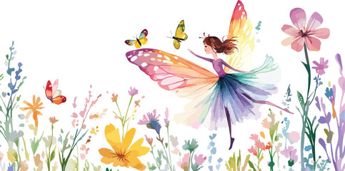Watercolor Fairy with Butterfly Wings in a Field of Flowers Illustration