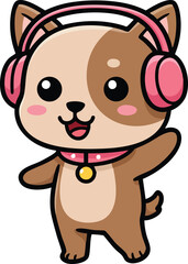 Fototapeta premium Cute cartoon dog listening to music with pink headphones and collar vector illustration 