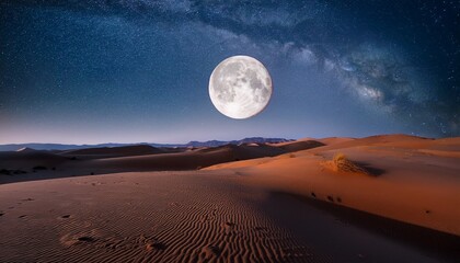 illuminated full moon over tranquil desert dunes under starry night sky