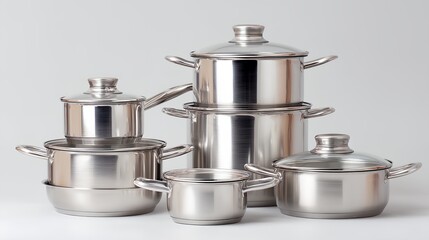 Set of pots and pans are lined up on a white background
