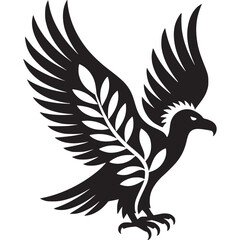 Obraz premium A stylized black eagle with wings spread and a branch design on its chest against a white background on transparent background