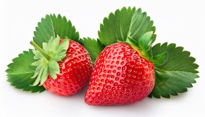 two ripe strawberries with fresh green leaves isolated on a white backdrop