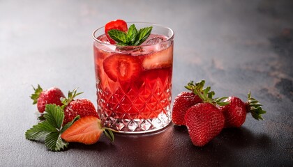 refreshing strawberry drink in a glass garnished with fresh strawberries