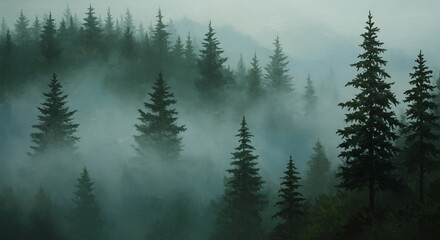 Fototapeta premium Misty Evergreen Forest: Atmospheric Oil Painting with Depth and Texture