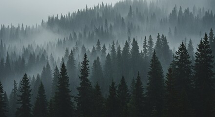 Obraz premium Misty Evergreen Forest: Layers of Pine Trees in Atmospheric Haze