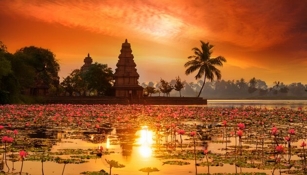 a tranquil image of the teppakulam with lotus flowers blooming on the water surface under a glowing sky