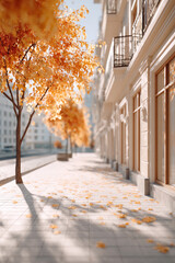 autumn vibe of october on the street in the city with trees and autumn leaves