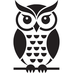 Black and white owl illustration perched on a branch with a simple and minimalist design style image on transparent background