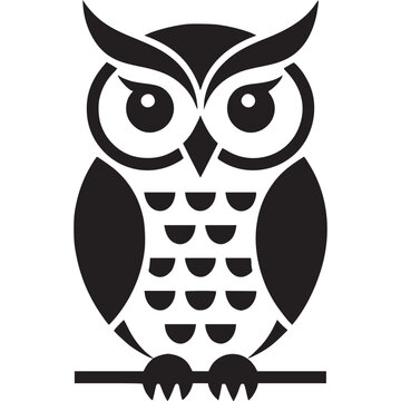 Black and white owl illustration perched on a branch with a simple and minimalist design style image on transparent background