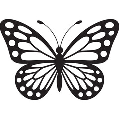 A symmetrical black and white butterfly with circular patterns on its wings and long antennae design on transparent background