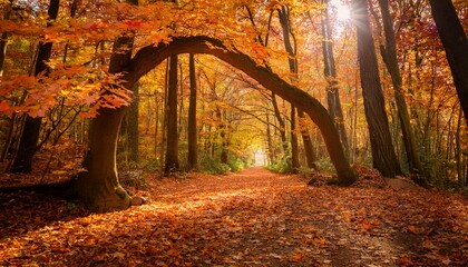 a tranquil autumn forest with golden orange and red maple leaves blanketing the ground tall trees forming a natural archway and soft sunlight filtering through the branches