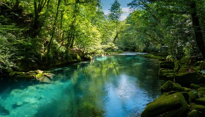 Obraz premium a tranquil turquoise river meanders through a vibrant green forest surrounded by mossy rocks and tall trees basking in the sunlight calm waters reflect the lush landscape